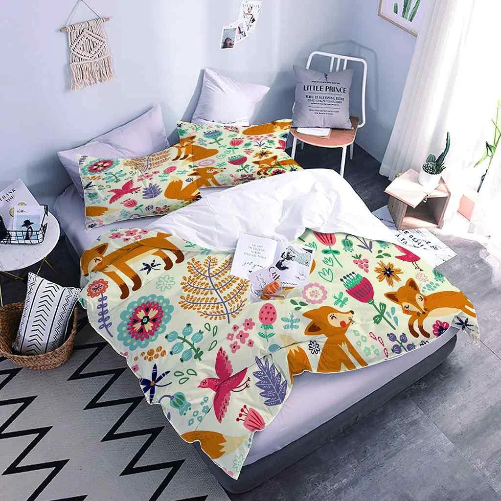 King Size 230 x 220 cm nadruk 3D żółty zwierzę lis wzór poszewka na kołdrę zestaw dla chłopców dziewcząt dorosłych zestaw pościeli z 2 poszewkami na poduszkę łatwa pielęgnacja mikrofibra poszewka na kołdrę z zamkiem błyskawicznym