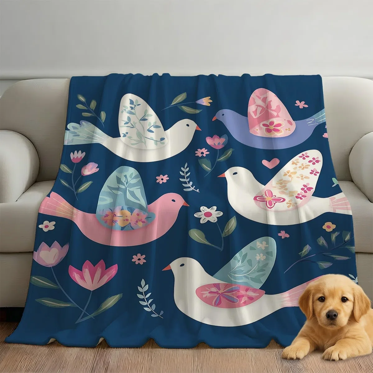 Kreskówka, minimalistyczny koc z motywem ptaka, 180 x 200 cm, flanelowy, koc polarowy, puszysty, na sofę, kanapę, jako dekoracja pokoju, ciepły i lekki koc na sofę, przytulny, miękki, niebieski
