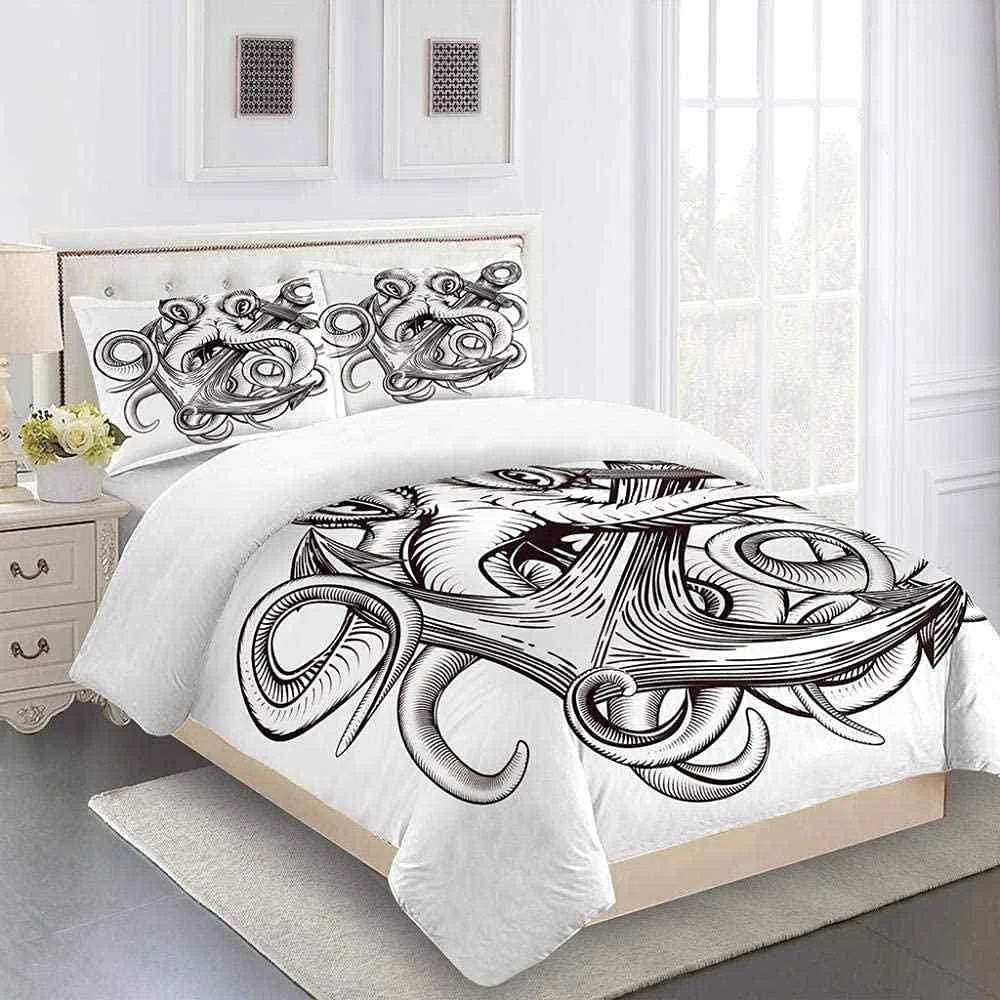Zestaw poszewek na kołdrę pojedynczy podwójny 200 x 200 cm zestaw pościeli 3D ultra miękki czarno-biały nadruk ośmiornicy poszewka na kołdrę dla dzieci, chłopców dziewcząt i nastolatków 1 poszewka na kołdrę i 2 x poszewka na poduszkę z zamkiem błyskawiczn