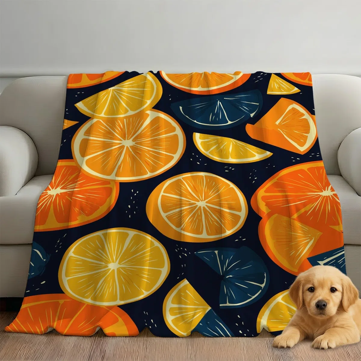 Generisch Koc z kreskówki 180 cm x 200 cm – bardzo gruby i miękki, niebiesko-żółty, minimalistyczny, owocowy, pomarańczowy, puszysty koc do salonu, na sofę, do sypialni i łóżka