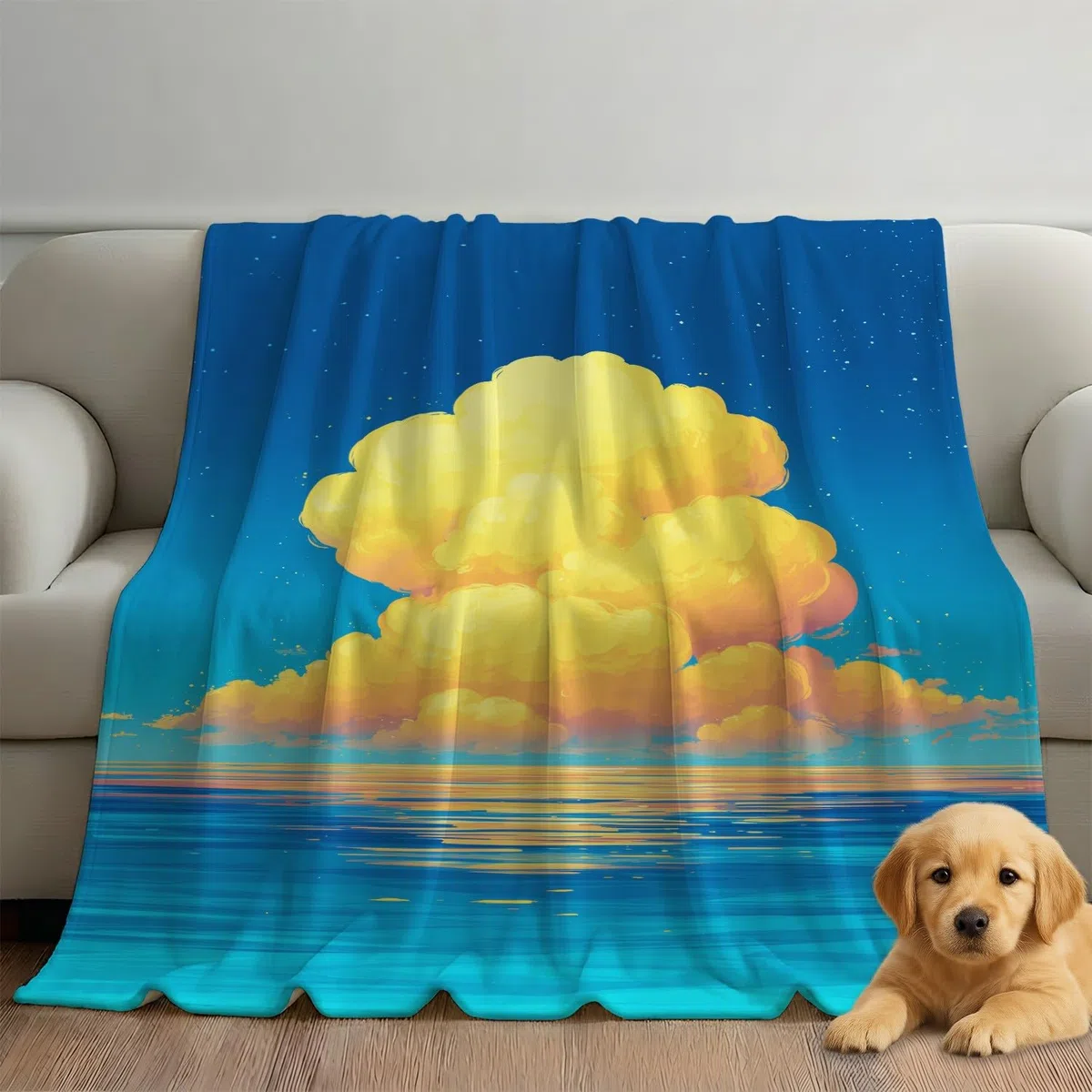 Anime Minimalistyczny koc z chmurami oceanu, 180 x 200 cm, flanelowy, koc polarowy, puszysty, na sofę, kanapę, jako dekoracja pokoju, ciepły i lekki koc na sofę, przytulny, miękki, niebieski, żółty