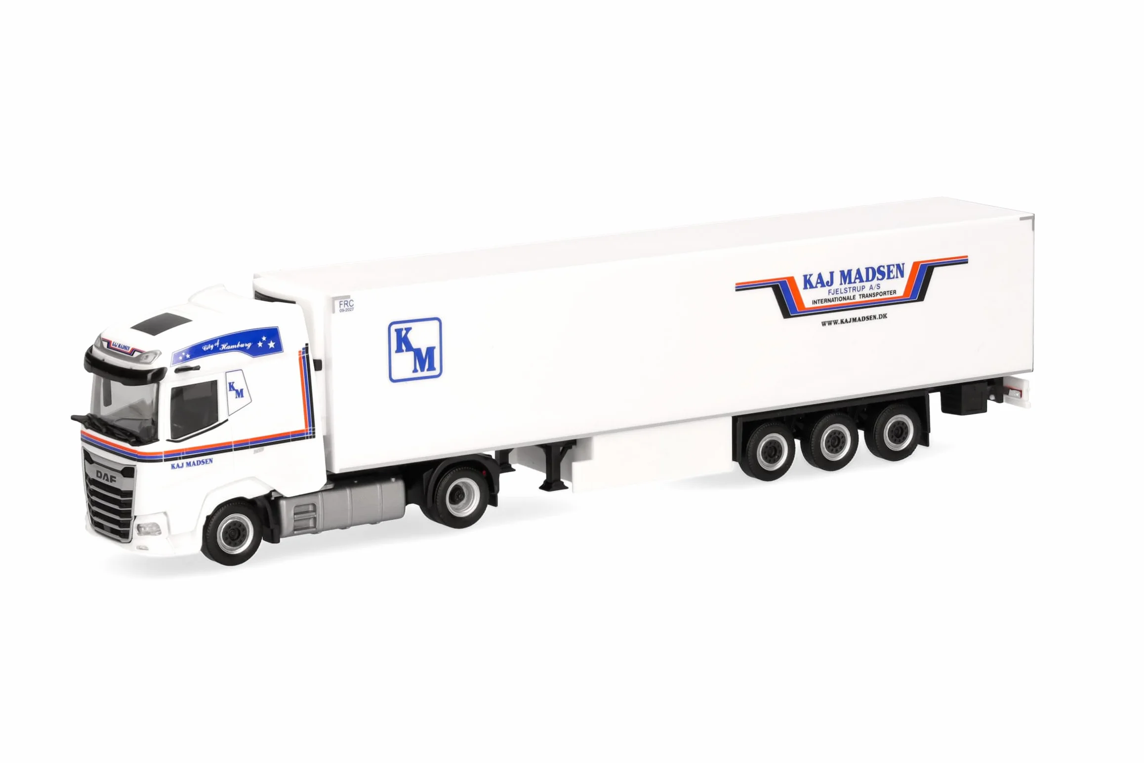 Herpa model ciężarówki DAF XG chłodnia zestaw siodłowy „Kaj Madsen” (Dania/Kolding), skala 1/87, model niemiecki, egzemplarz kolekcjonerski, figurka plastikowa