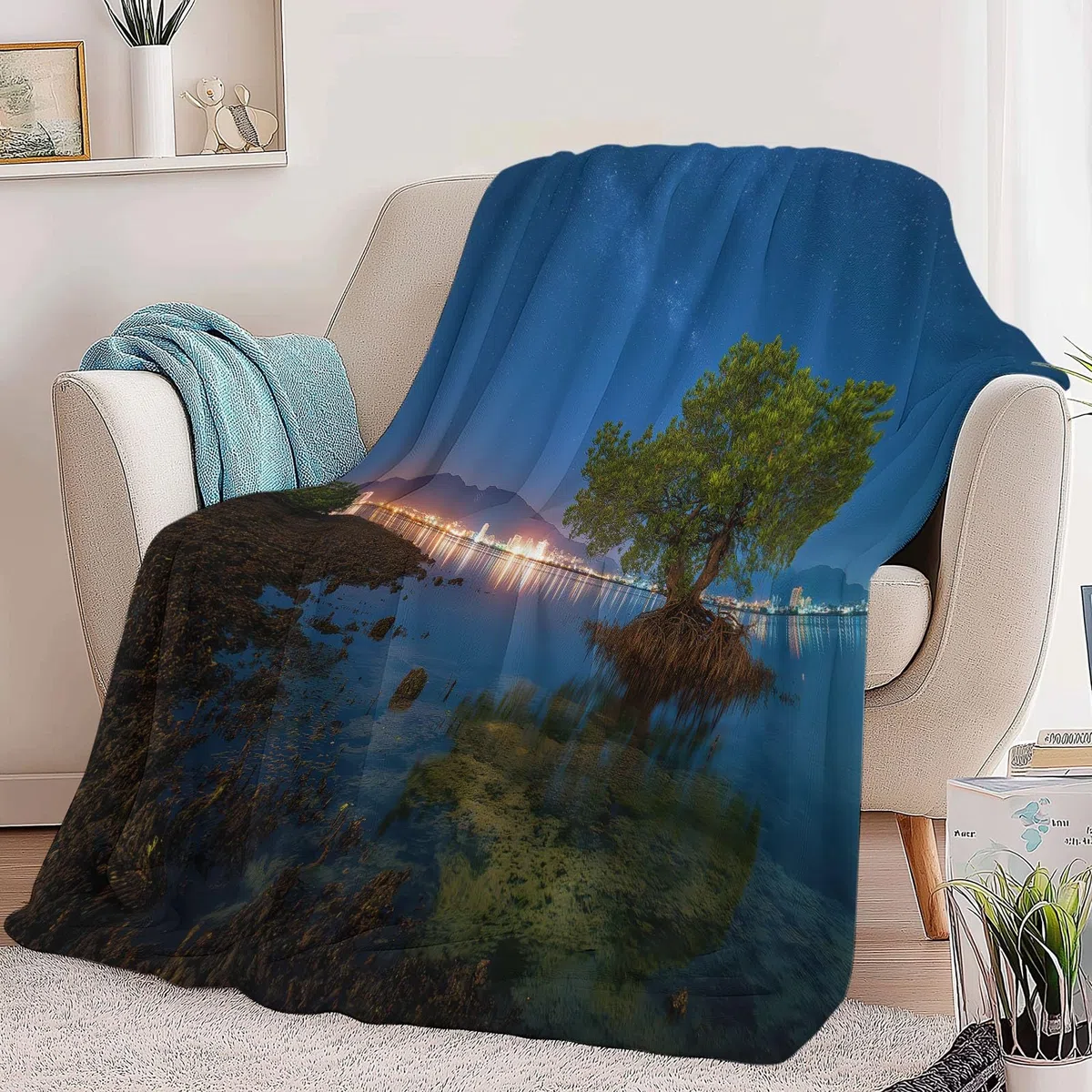 Flanelowy koc Naturalne krajobrazy nocne niebo Rośliny 180 x 200 cm Koce polarowe z mikrofibry Polar Wszystkie pory roku na podróż Sofa do podróży Łóżko Sofa Dzieci Dorośli, Niebieski