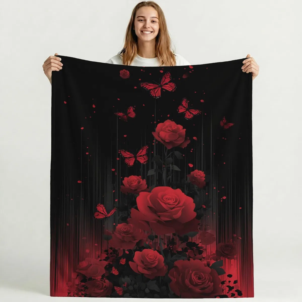 Przytulny koc 180 x 200 cm, flanelowy koc polarowy, fantazyjne kwiaty, róża, ciepły, lekki, przytulny, na wiosnę, miękki, na sofę i łóżko, czerwono-czarny
