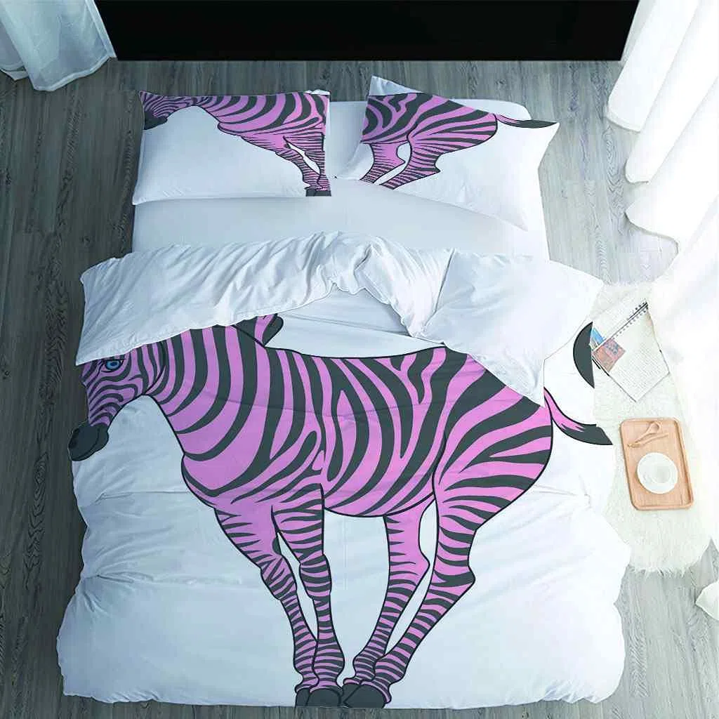 King Size 230 x 220 cm nadruk 3D fioletowy zwierzę zebra wzór poszewka na kołdrę zestaw dla chłopców dziewcząt dorosłych zestaw pościeli z 2 poszewkami łatwa pielęgnacja mikrofibra poszewka na kołdrę z zamkiem błyskawicznym