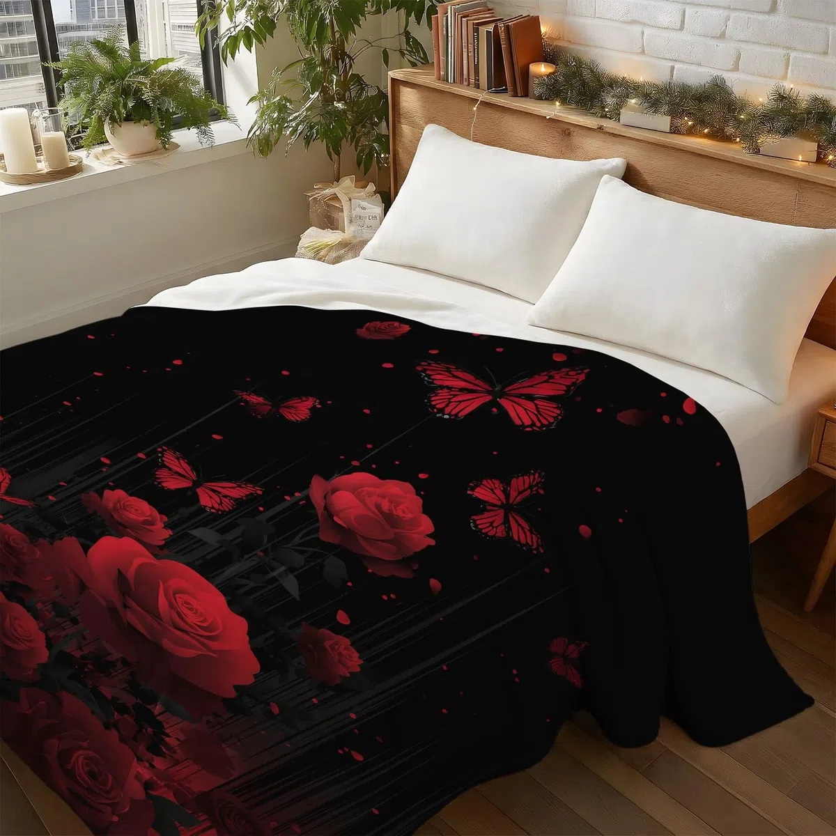 Przytulny koc 180 x 200 cm, flanelowy koc polarowy, fantazyjne kwiaty, róża, ciepły, lekki, przytulny, na wiosnę, miękki, na sofę i łóżko, czerwono-czarny