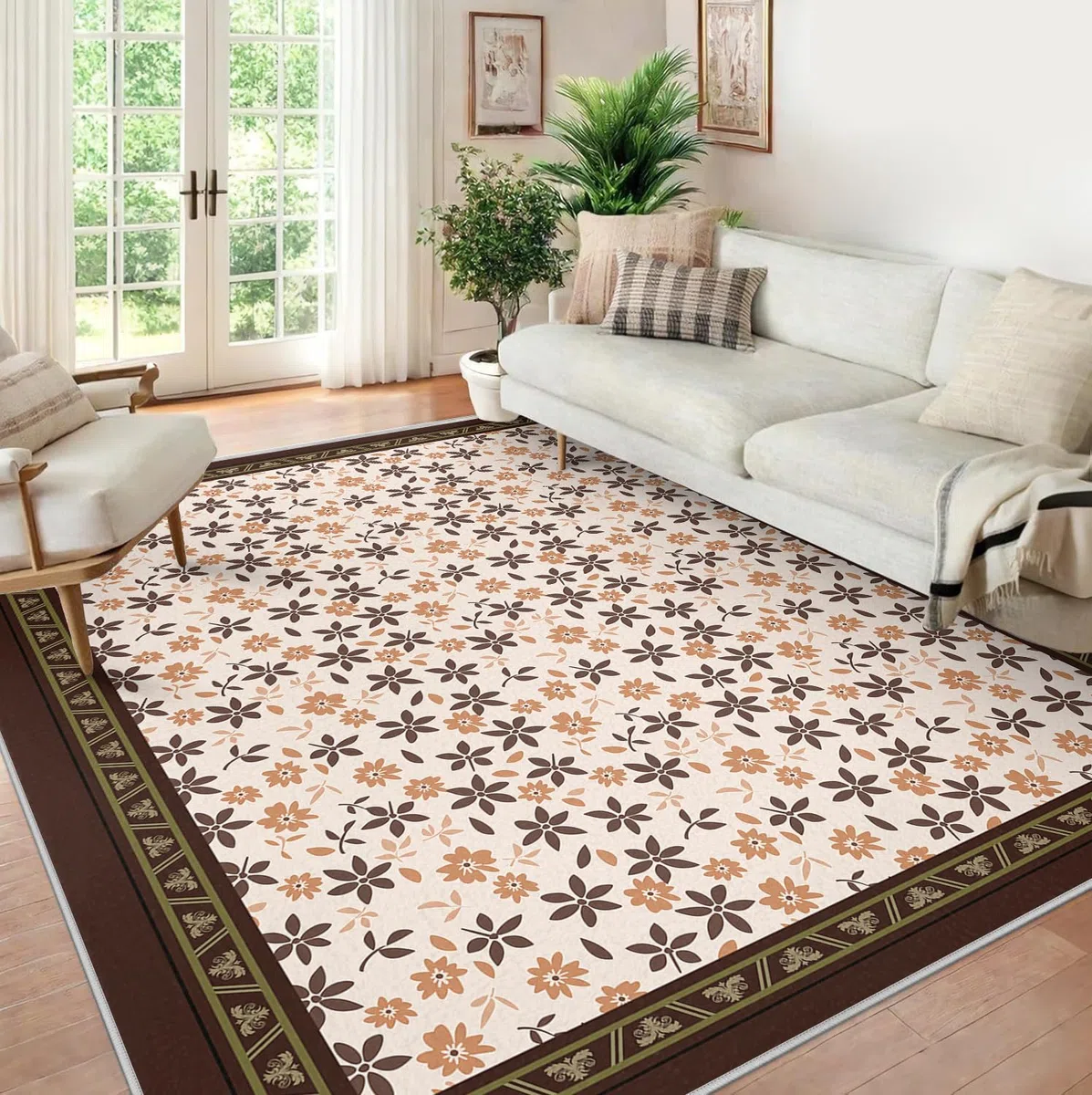 Beżowy dywan na patio, 200 x 300 cm, brązowe obramowanie, minimalistyczne kwiaty, dywan do salonu, korytarza, styl duszpasterski, dekoracja podłogi, niskie runo, można prać