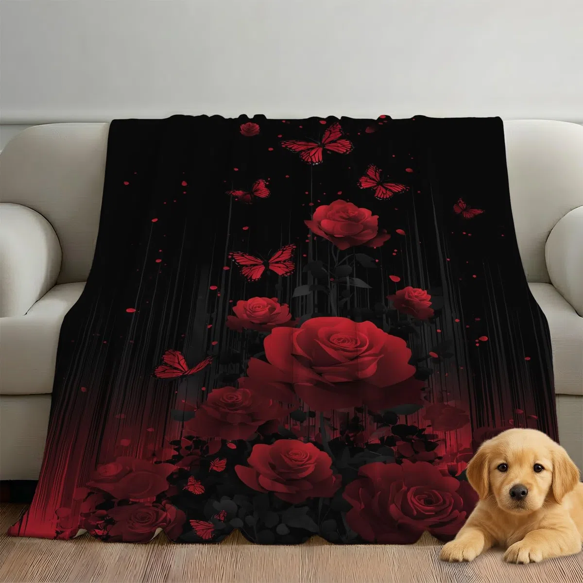 Przytulny koc 180 x 200 cm, flanelowy koc polarowy, fantazyjne kwiaty, róża, ciepły, lekki, przytulny, na wiosnę, miękki, na sofę i łóżko, czerwono-czarny