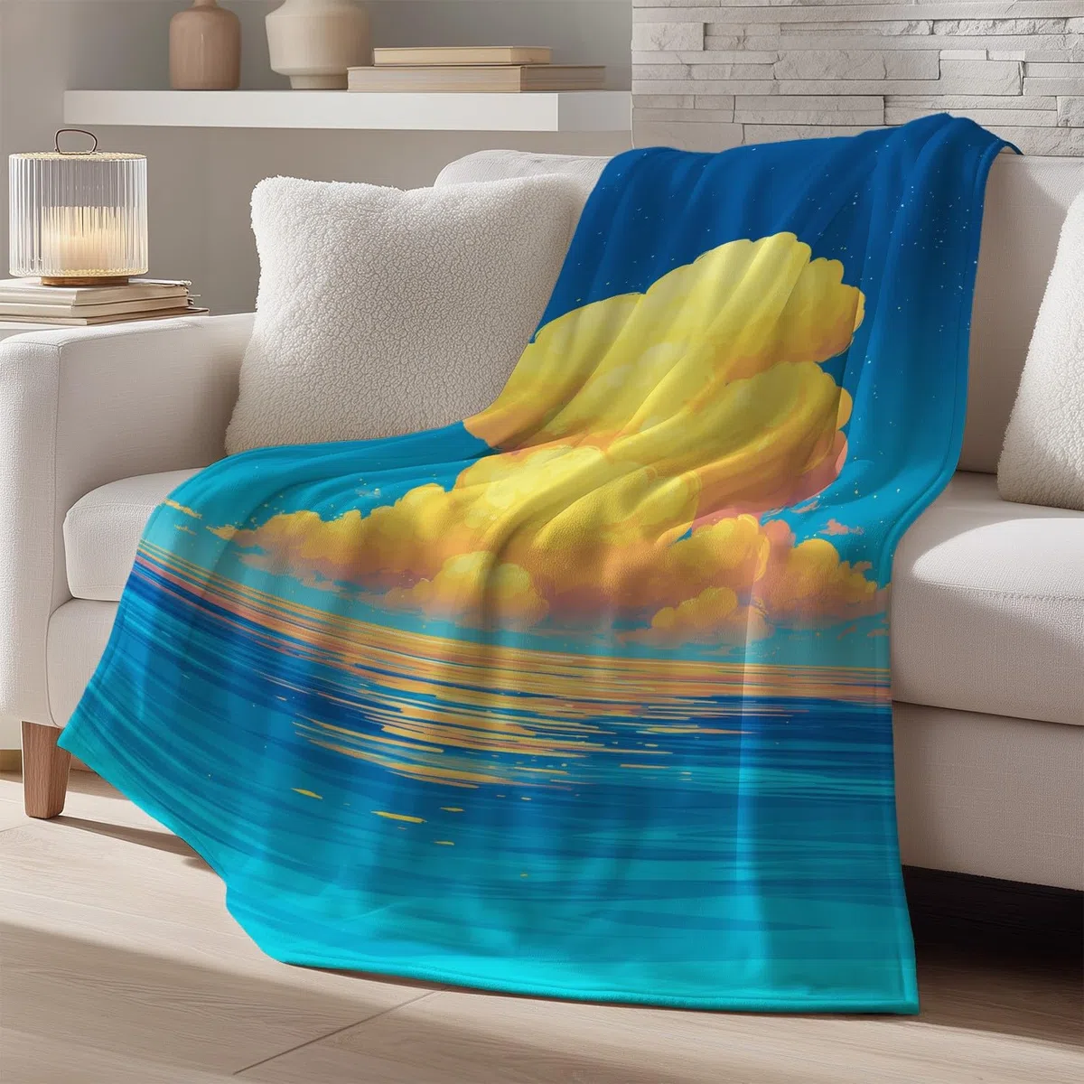 Anime Minimalistyczny koc z chmurami oceanu, 180 x 200 cm, flanelowy, koc polarowy, puszysty, na sofę, kanapę, jako dekoracja pokoju, ciepły i lekki koc na sofę, przytulny, miękki, niebieski, żółty