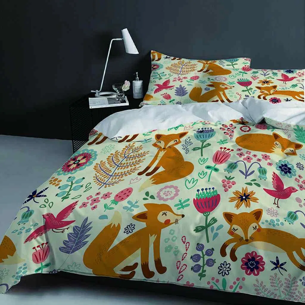 King Size 230 x 220 cm nadruk 3D żółty zwierzę lis wzór poszewka na kołdrę zestaw dla chłopców dziewcząt dorosłych zestaw pościeli z 2 poszewkami na poduszkę łatwa pielęgnacja mikrofibra poszewka na kołdrę z zamkiem błyskawicznym