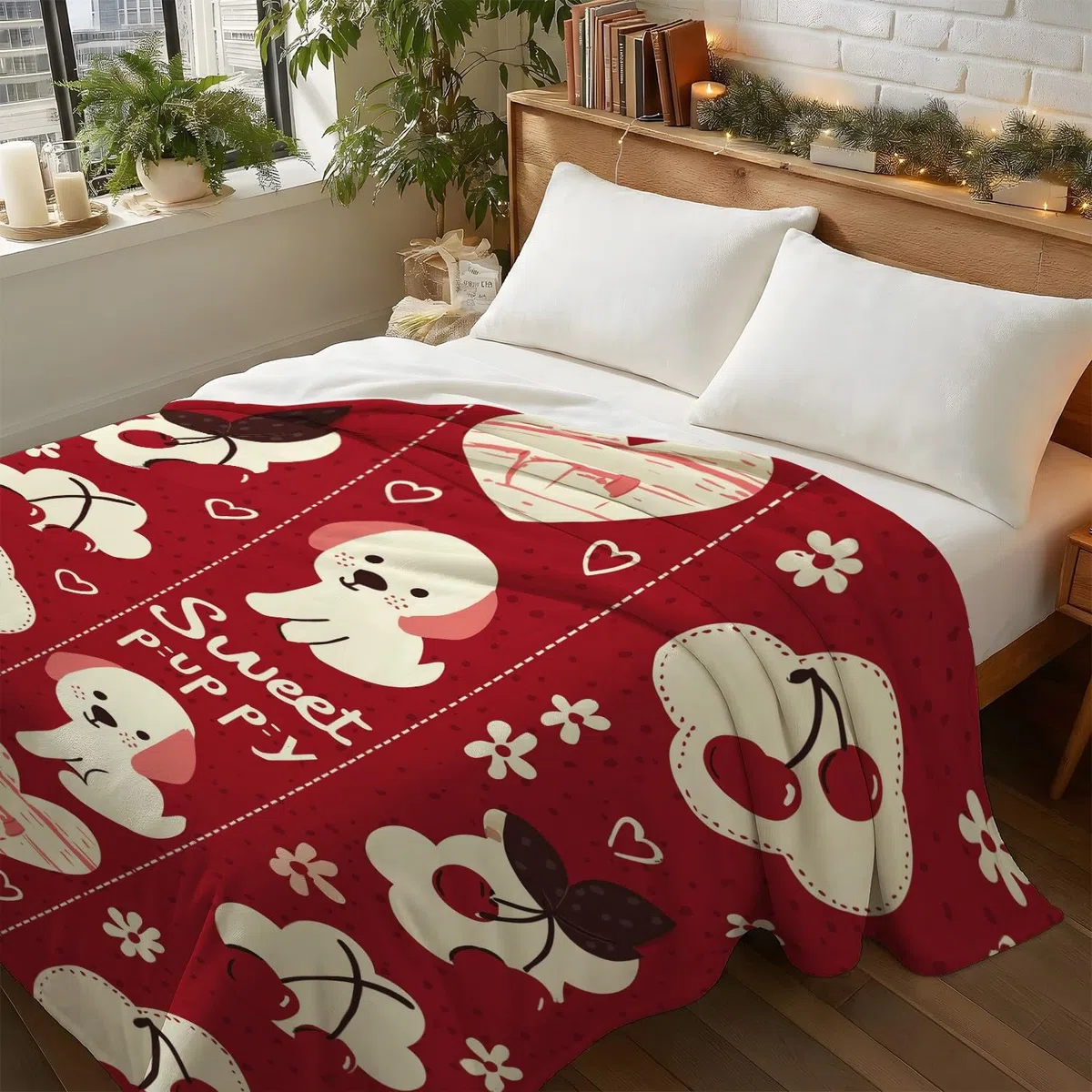 Generisch Koc z kreskówki 180 x 200 cm – bardzo gruby i miękki, czerwony, beżowy, uroczy, wiśniowy, puszysty koc do salonu, na sofę, do sypialni i łóżka