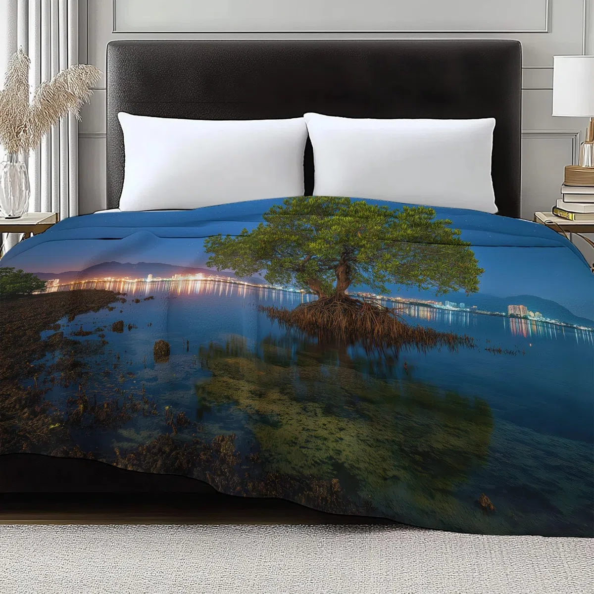 Flanelowy koc Naturalne krajobrazy nocne niebo Rośliny 180 x 200 cm Koce polarowe z mikrofibry Polar Wszystkie pory roku na podróż Sofa do podróży Łóżko Sofa Dzieci Dorośli, Niebieski