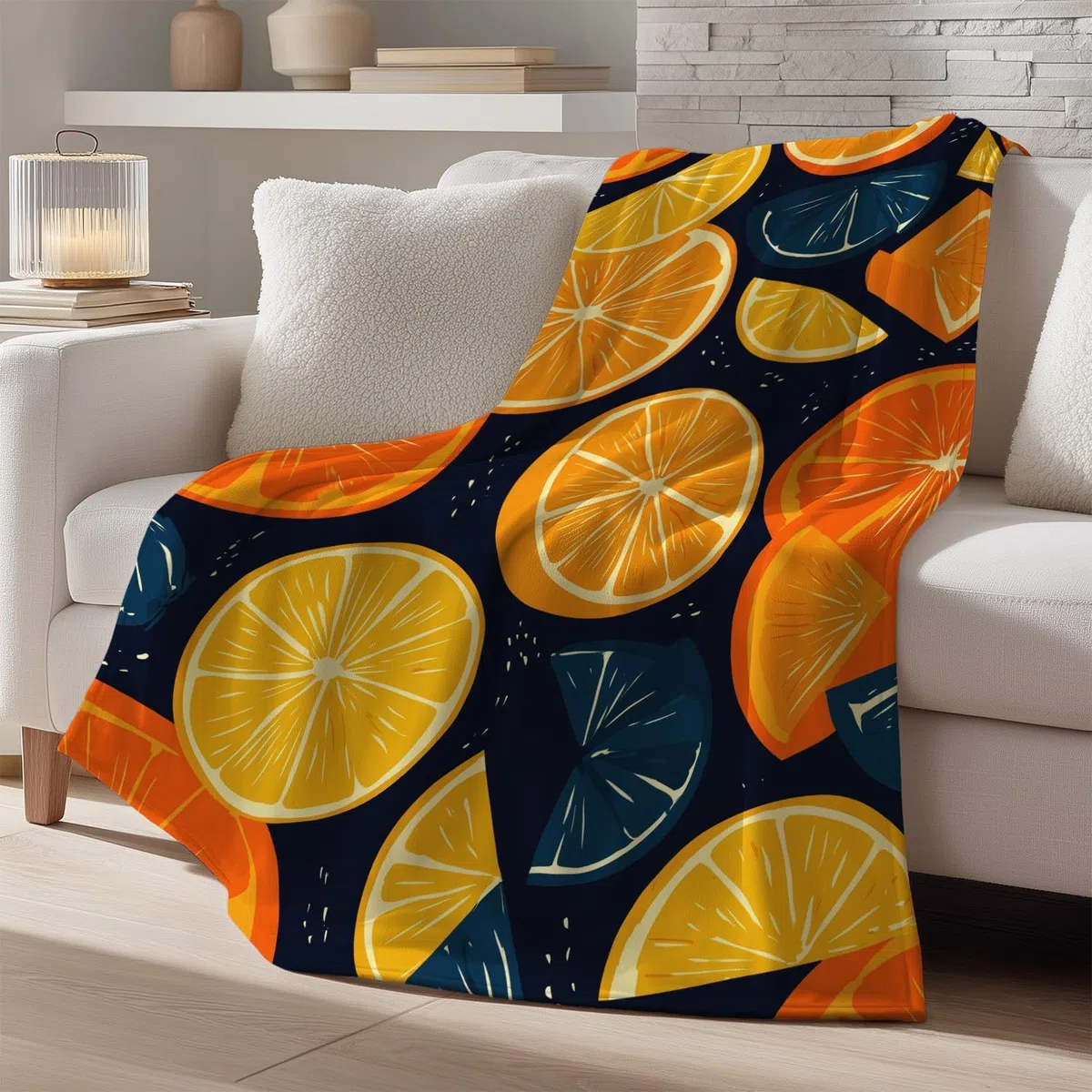 Generisch Koc z kreskówki 180 cm x 200 cm – bardzo gruby i miękki, niebiesko-żółty, minimalistyczny, owocowy, pomarańczowy, puszysty koc do salonu, na sofę, do sypialni i łóżka