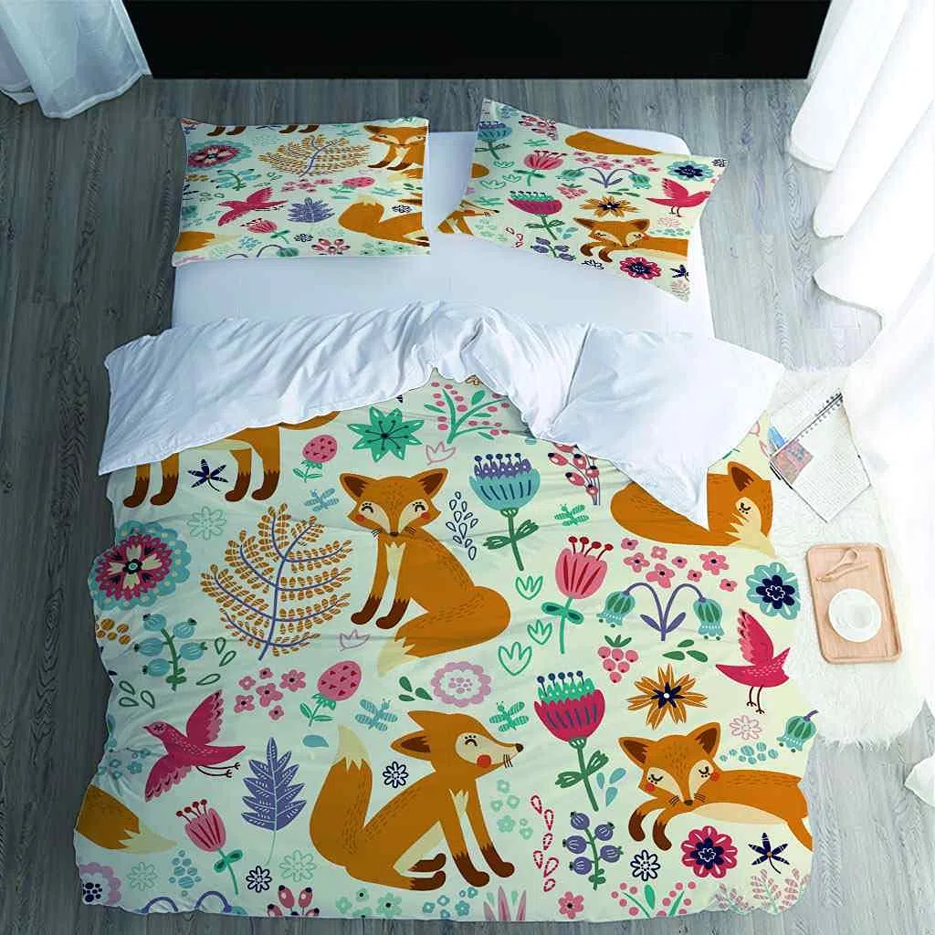 King Size 230 x 220 cm nadruk 3D żółty zwierzę lis wzór poszewka na kołdrę zestaw dla chłopców dziewcząt dorosłych zestaw pościeli z 2 poszewkami na poduszkę łatwa pielęgnacja mikrofibra poszewka na kołdrę z zamkiem błyskawicznym