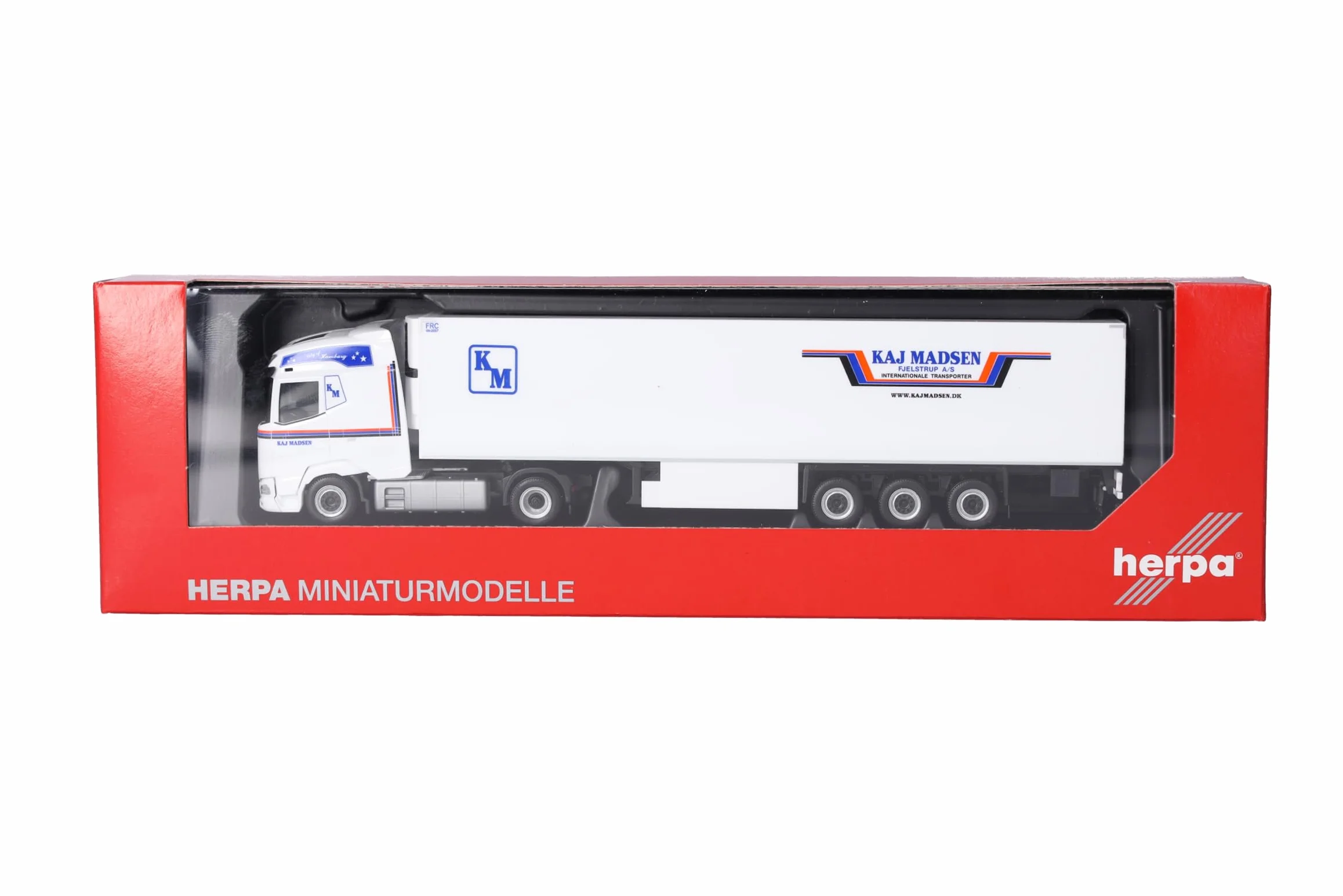 Herpa model ciężarówki DAF XG chłodnia zestaw siodłowy „Kaj Madsen” (Dania/Kolding), skala 1/87, model niemiecki, egzemplarz kolekcjonerski, figurka plastikowa