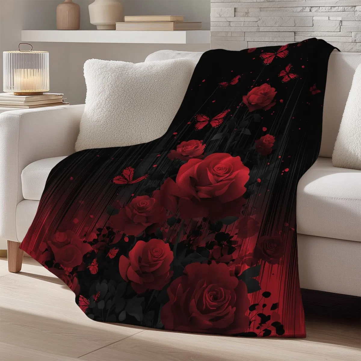 Przytulny koc 180 x 200 cm, flanelowy koc polarowy, fantazyjne kwiaty, róża, ciepły, lekki, przytulny, na wiosnę, miękki, na sofę i łóżko, czerwono-czarny