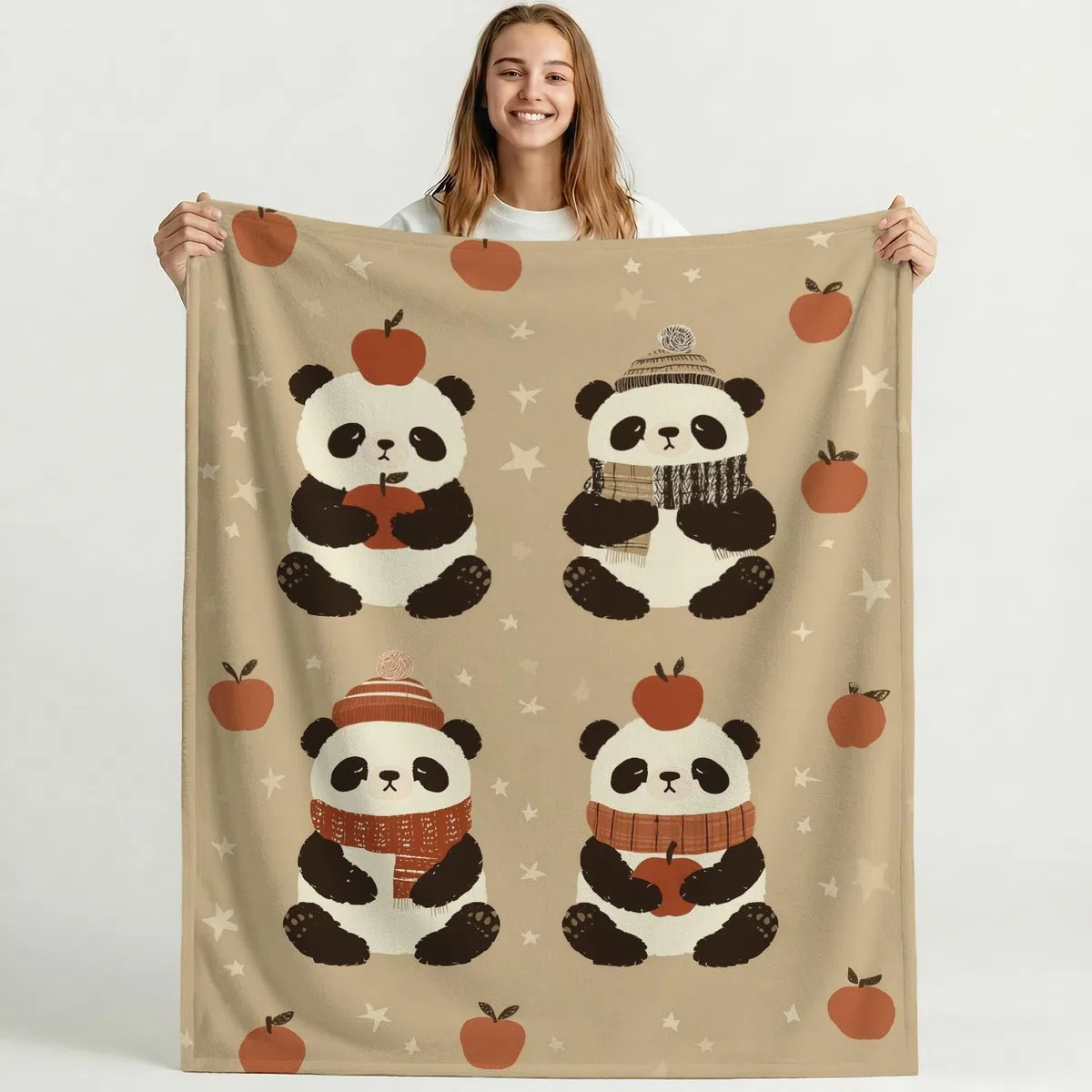 Przytulny koc, 180 x 200 cm, puszysty koc na sofę, brązowy, minimalistyczny, kreskówkowy, słodka panda, miękki, ciepły, lekki, flanelowy, polarowy, koc na sofę, łóżko, kanapę