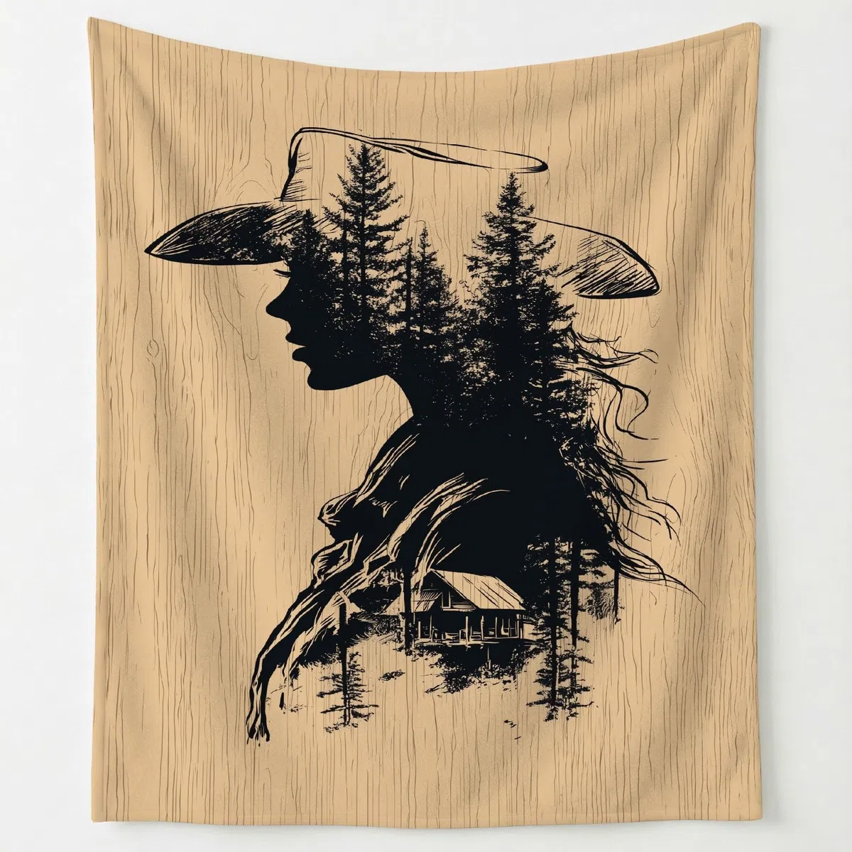 Generisch Przytulny koc w stylu vintage, 180 x 200 cm, bardzo gruby i miękki, czarno-brązowy, sylwetka lasu, kowbojski, puszysty koc do salonu, na sofę, do sypialni i łóżka