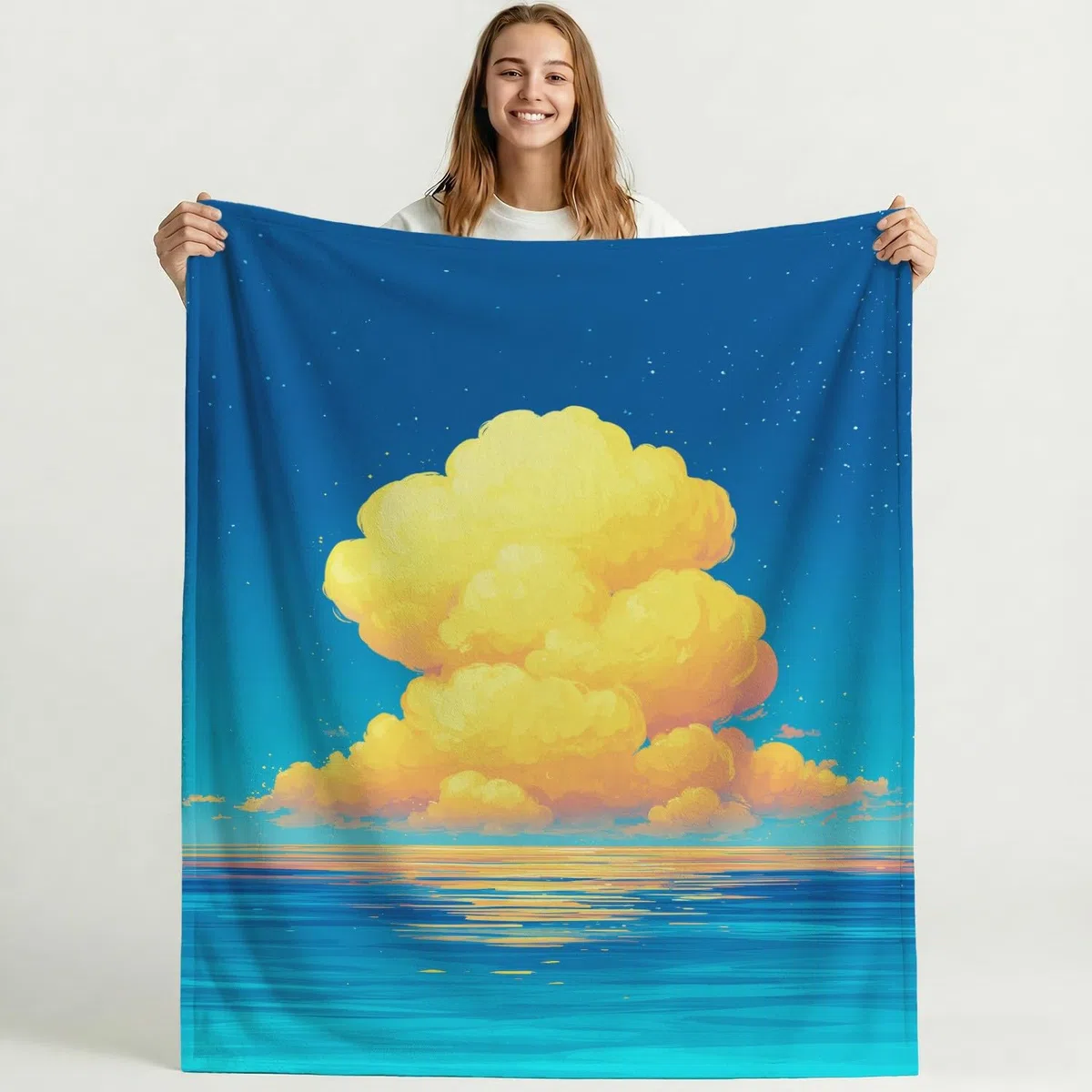 Anime Minimalistyczny koc z chmurami oceanu, 180 x 200 cm, flanelowy, koc polarowy, puszysty, na sofę, kanapę, jako dekoracja pokoju, ciepły i lekki koc na sofę, przytulny, miękki, niebieski, żółty