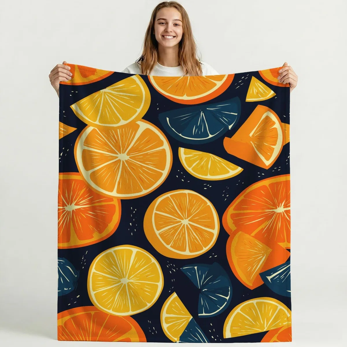 Generisch Koc z kreskówki 180 cm x 200 cm – bardzo gruby i miękki, niebiesko-żółty, minimalistyczny, owocowy, pomarańczowy, puszysty koc do salonu, na sofę, do sypialni i łóżka