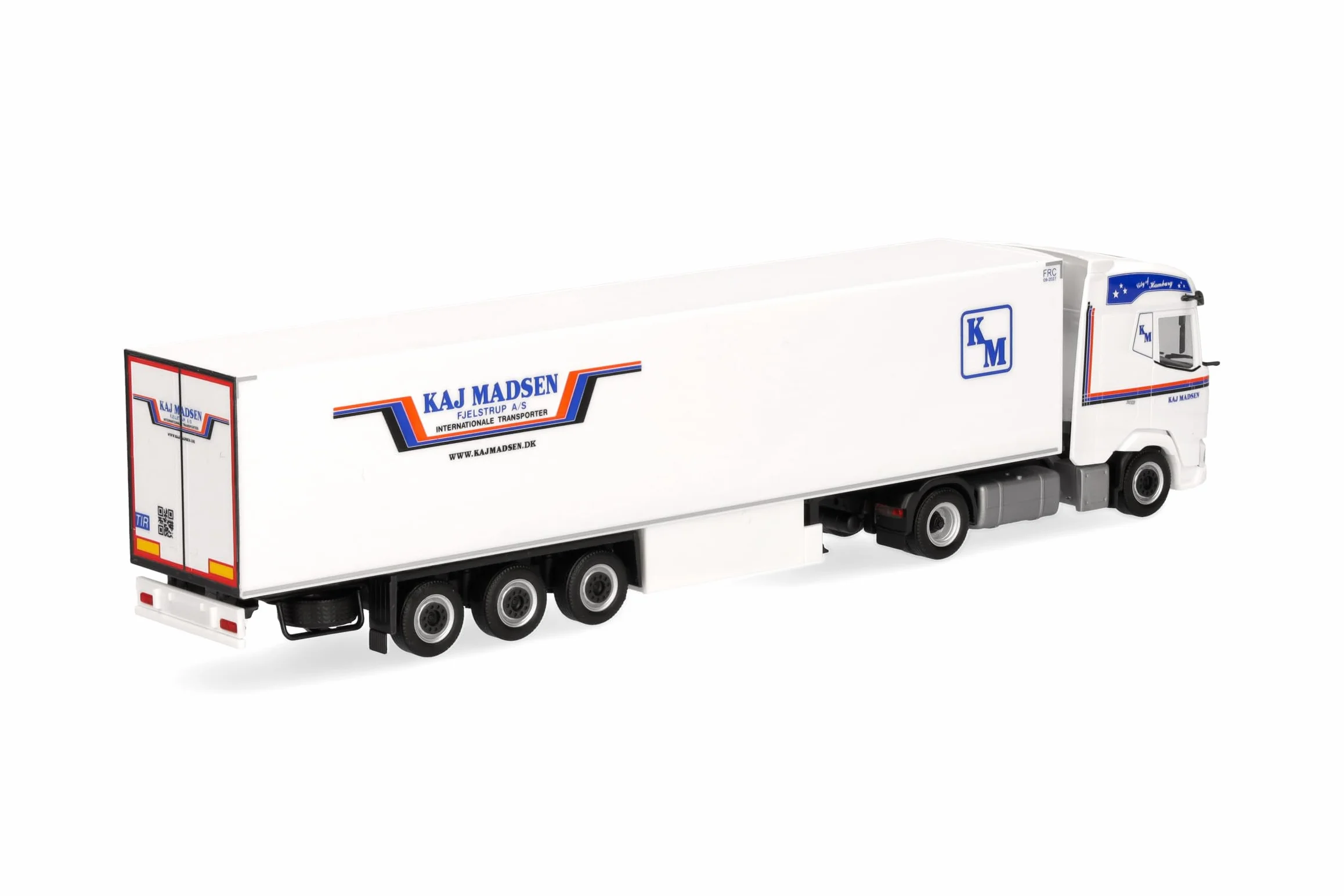 Herpa model ciężarówki DAF XG chłodnia zestaw siodłowy „Kaj Madsen” (Dania/Kolding), skala 1/87, model niemiecki, egzemplarz kolekcjonerski, figurka plastikowa