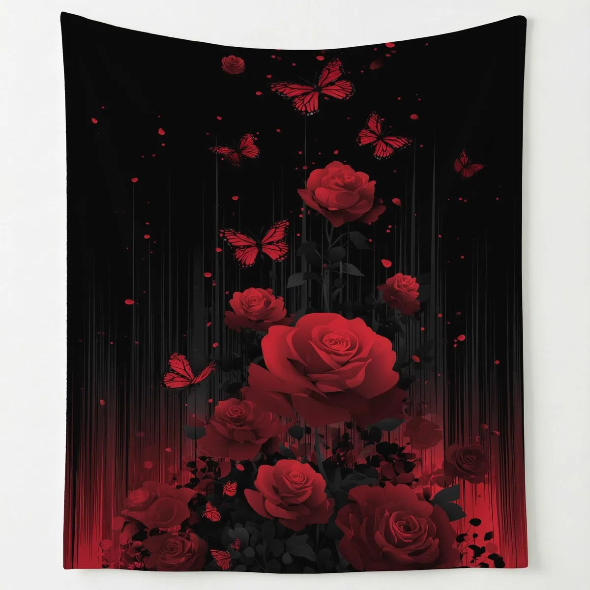 Przytulny koc 180 x 200 cm, flanelowy koc polarowy, fantazyjne kwiaty, róża, ciepły, lekki, przytulny, na wiosnę, miękki, na sofę i łóżko, czerwono-czarny