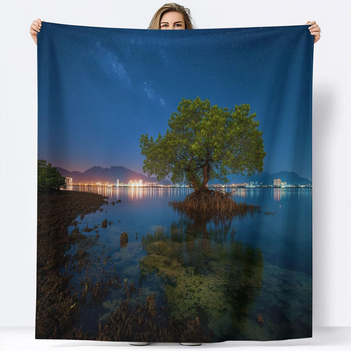 Flanelowy koc Naturalne krajobrazy nocne niebo Rośliny 180 x 200 cm Koce polarowe z mikrofibry Polar Wszystkie pory roku na podróż Sofa do podróży Łóżko Sofa Dzieci Dorośli, Niebieski