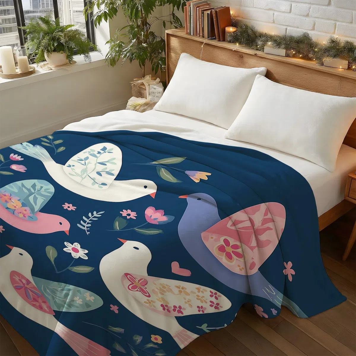 Kreskówka, minimalistyczny koc z motywem ptaka, 180 x 200 cm, flanelowy, koc polarowy, puszysty, na sofę, kanapę, jako dekoracja pokoju, ciepły i lekki koc na sofę, przytulny, miękki, niebieski