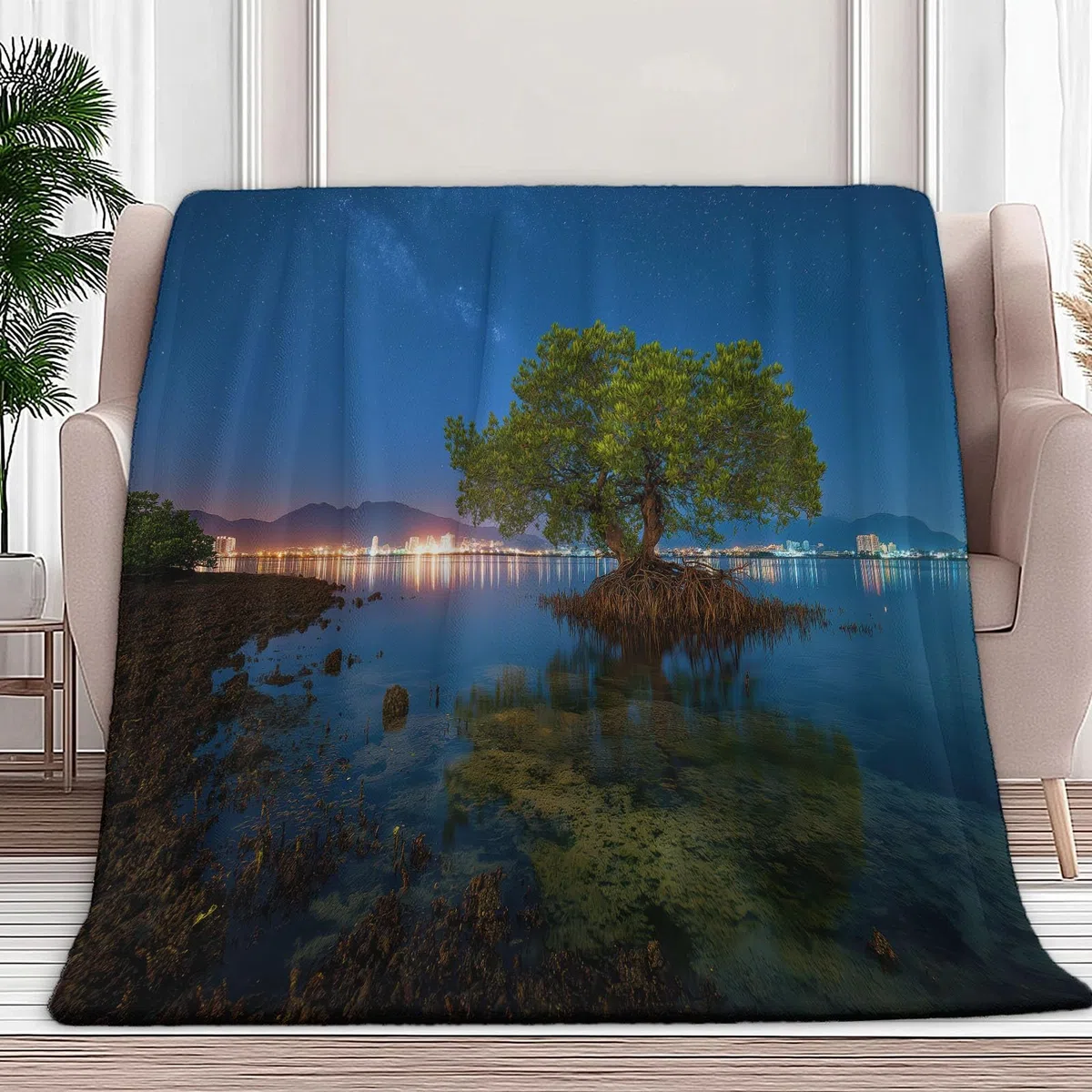 Flanelowy koc Naturalne krajobrazy nocne niebo Rośliny 180 x 200 cm Koce polarowe z mikrofibry Polar Wszystkie pory roku na podróż Sofa do podróży Łóżko Sofa Dzieci Dorośli, Niebieski