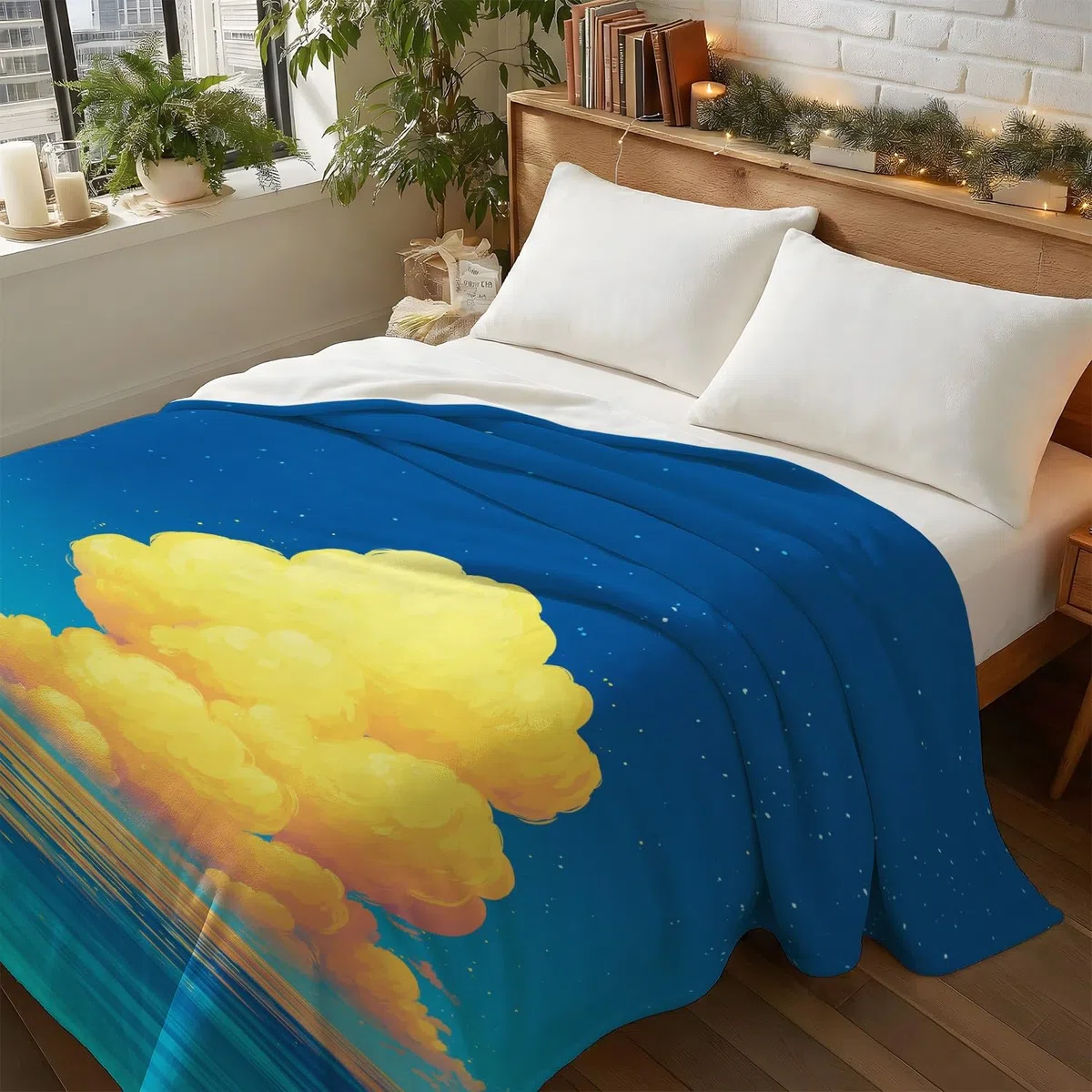 Anime Minimalistyczny koc z chmurami oceanu, 180 x 200 cm, flanelowy, koc polarowy, puszysty, na sofę, kanapę, jako dekoracja pokoju, ciepły i lekki koc na sofę, przytulny, miękki, niebieski, żółty