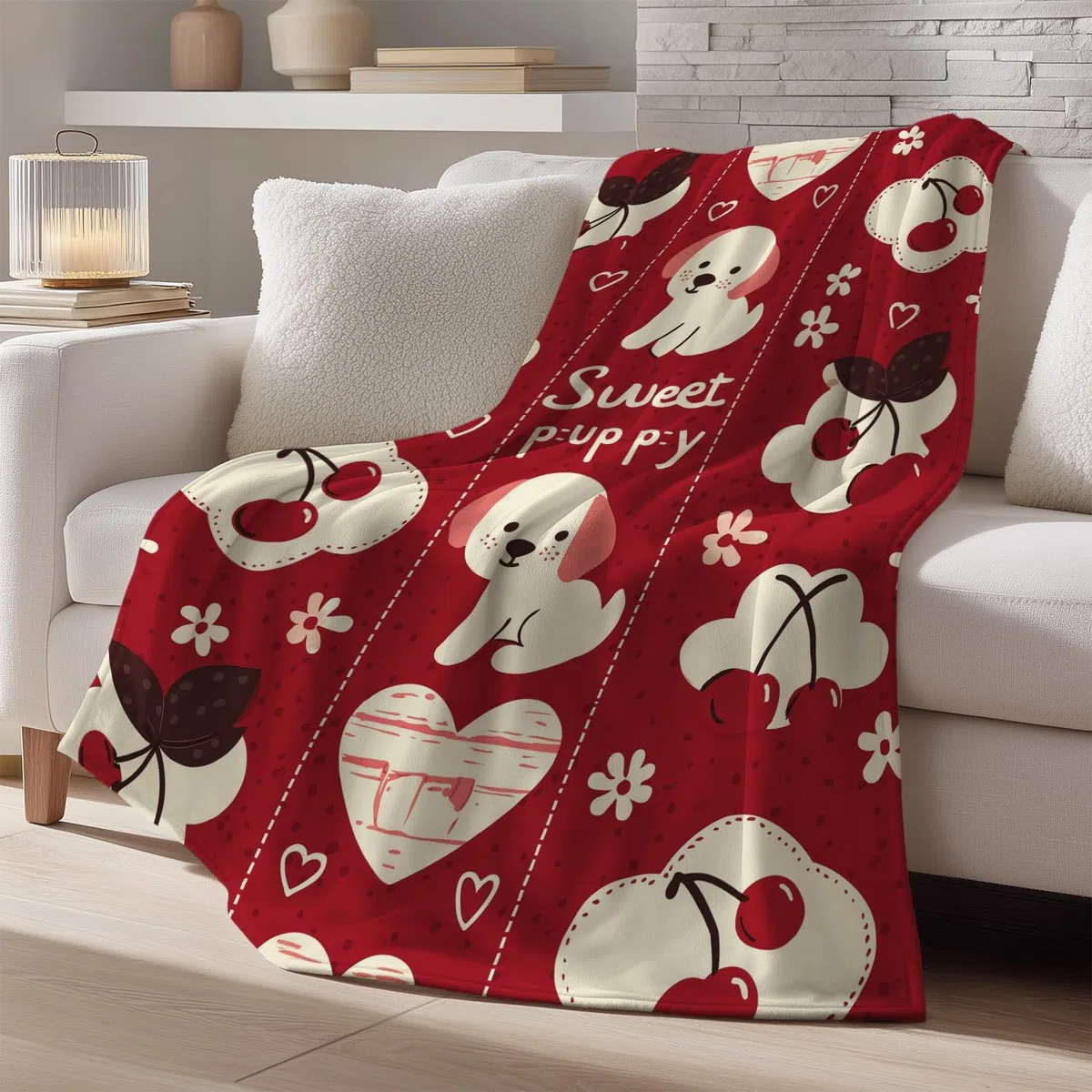 Generisch Koc z kreskówki 180 x 200 cm – bardzo gruby i miękki, czerwony, beżowy, uroczy, wiśniowy, puszysty koc do salonu, na sofę, do sypialni i łóżka