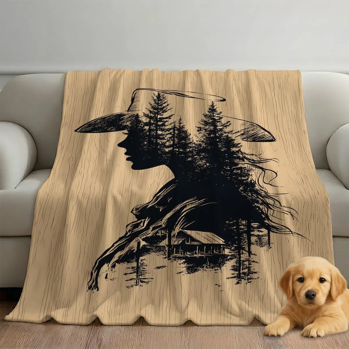 Generisch Przytulny koc w stylu vintage, 180 x 200 cm, bardzo gruby i miękki, czarno-brązowy, sylwetka lasu, kowbojski, puszysty koc do salonu, na sofę, do sypialni i łóżka