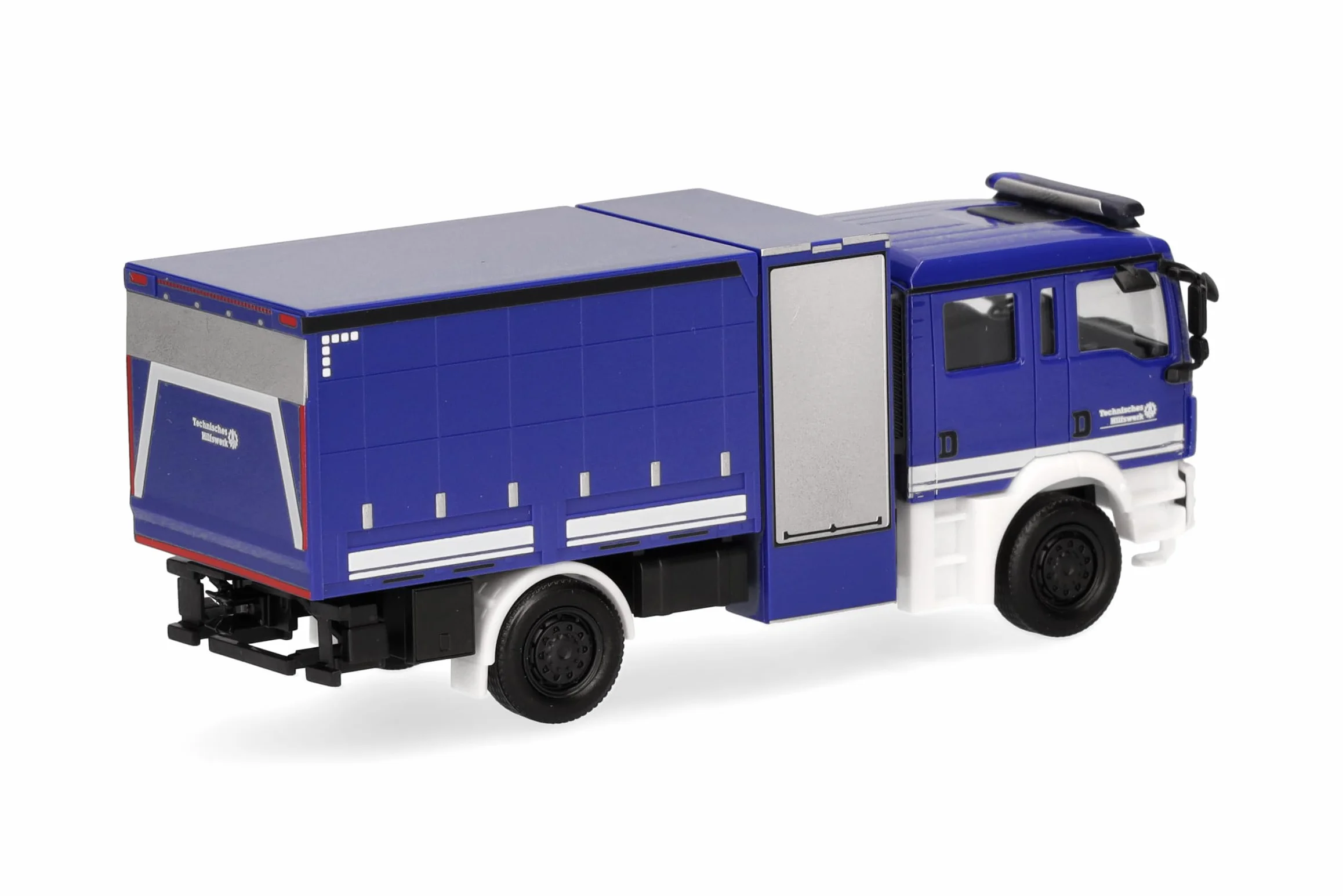 herpa Model ciężarówki MAN TGM pojazd wielofunkcyjny z plandeką THW, miniaturowa skala 1:87, produkt kolekcjonerski, wyprodukowany w Niemczech, tworzywo sztuczne
