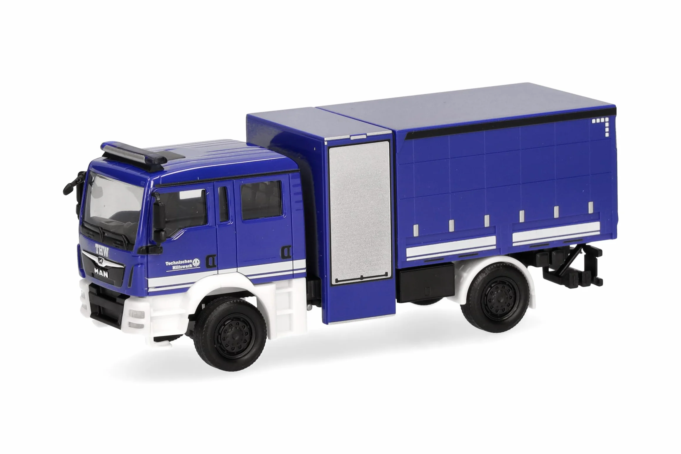 herpa Model ciężarówki MAN TGM pojazd wielofunkcyjny z plandeką THW, miniaturowa skala 1:87, produkt kolekcjonerski, wyprodukowany w Niemczech, tworzywo sztuczne