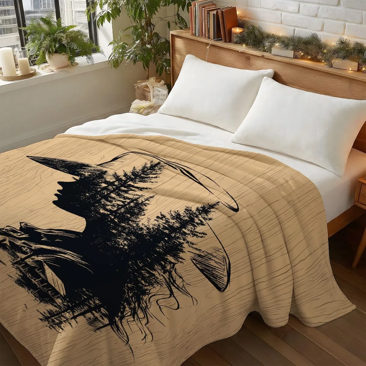 Generisch Przytulny koc w stylu vintage, 180 x 200 cm, bardzo gruby i miękki, czarno-brązowy, sylwetka lasu, kowbojski, puszysty koc do salonu, na sofę, do sypialni i łóżka