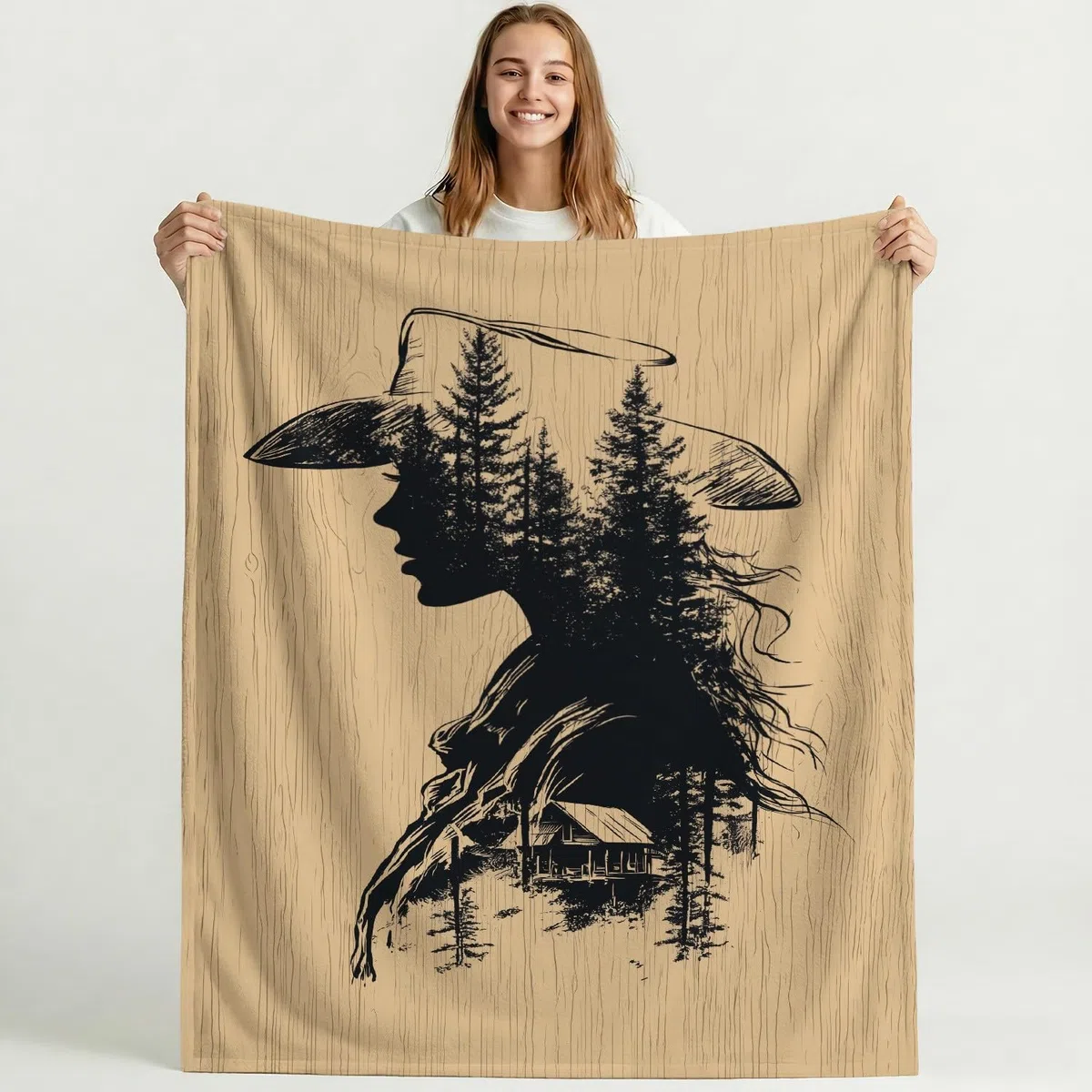 Generisch Przytulny koc w stylu vintage, 180 x 200 cm, bardzo gruby i miękki, czarno-brązowy, sylwetka lasu, kowbojski, puszysty koc do salonu, na sofę, do sypialni i łóżka