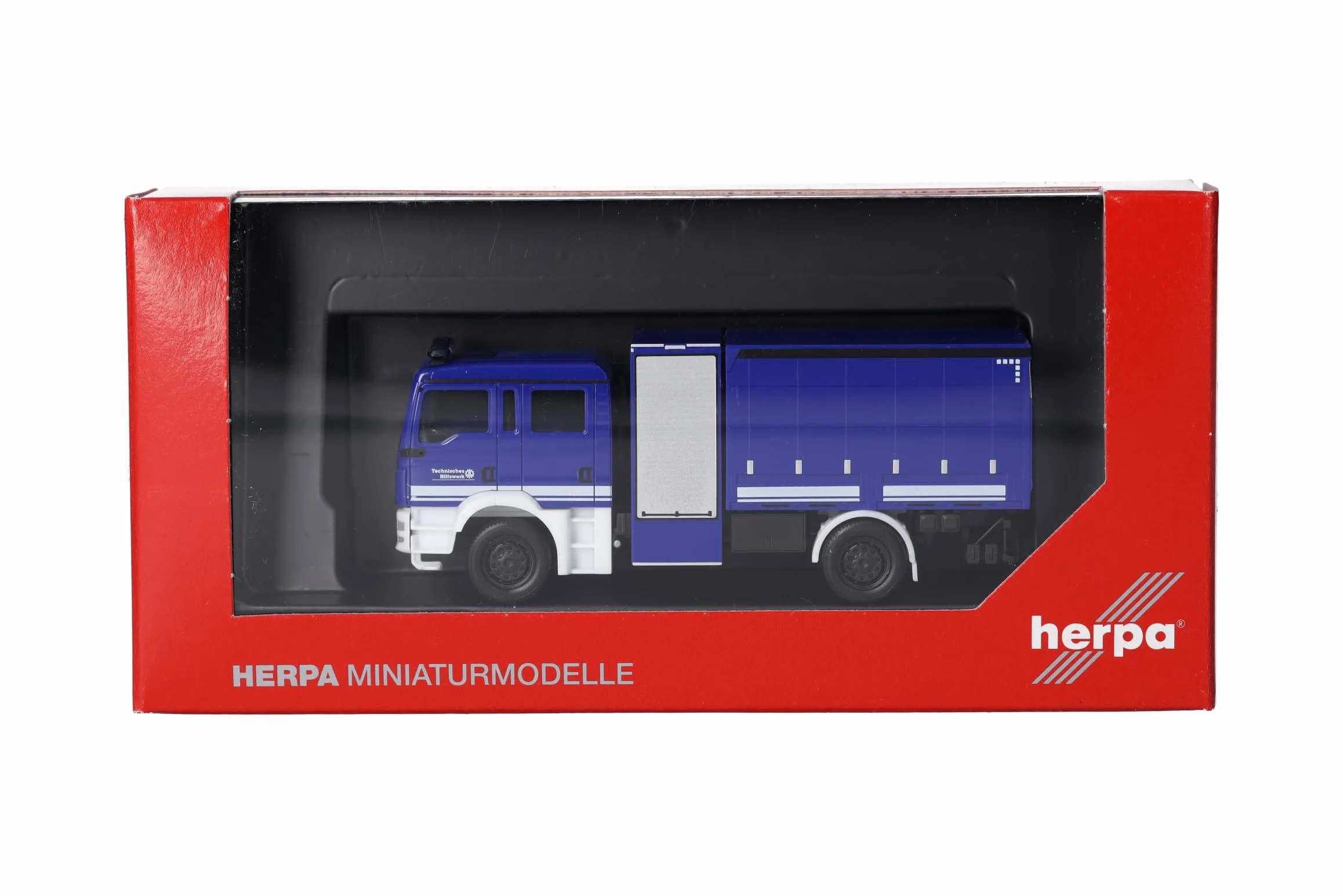 herpa Model ciężarówki MAN TGM pojazd wielofunkcyjny z plandeką THW, miniaturowa skala 1:87, produkt kolekcjonerski, wyprodukowany w Niemczech, tworzywo sztuczne