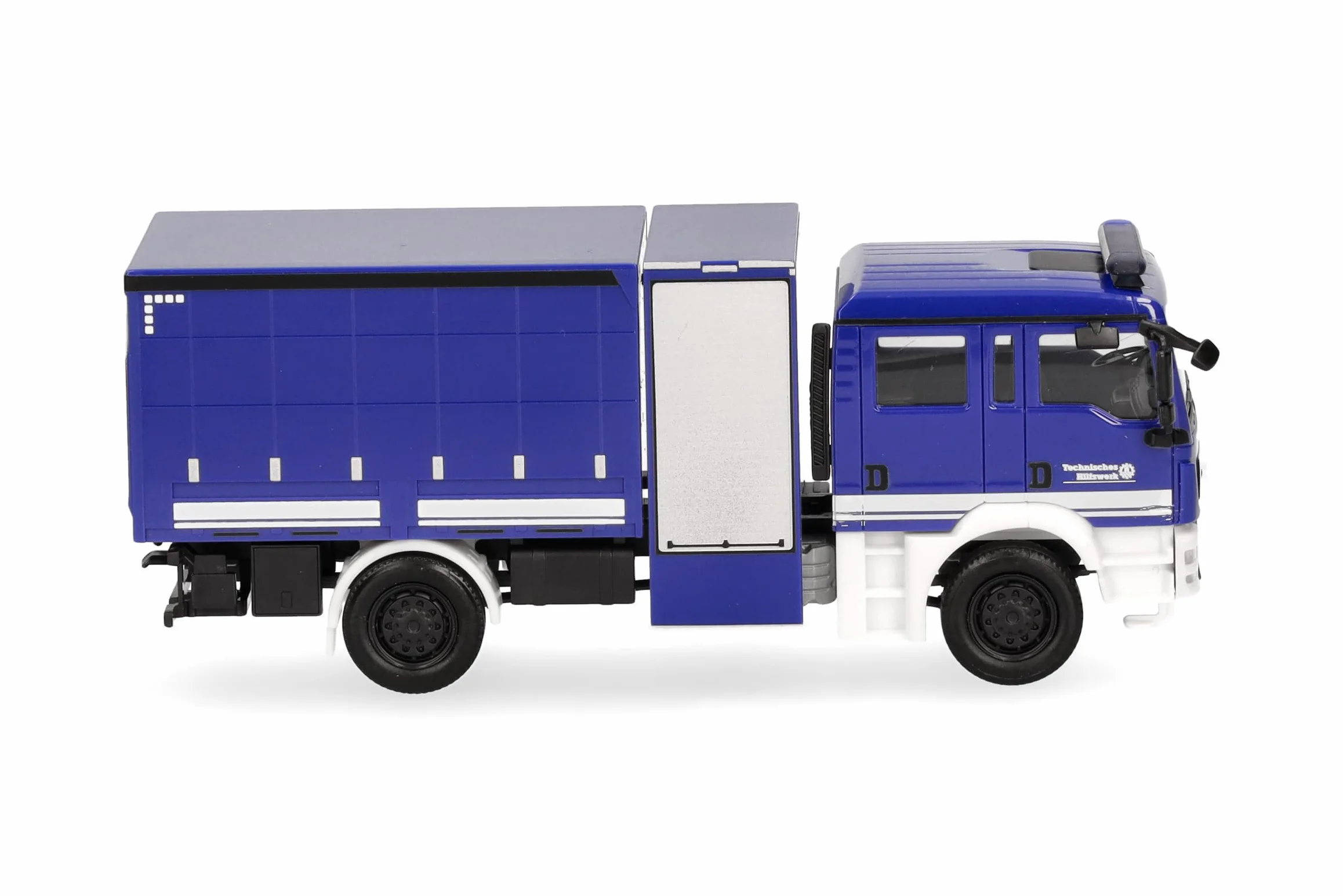 herpa Model ciężarówki MAN TGM pojazd wielofunkcyjny z plandeką THW, miniaturowa skala 1:87, produkt kolekcjonerski, wyprodukowany w Niemczech, tworzywo sztuczne