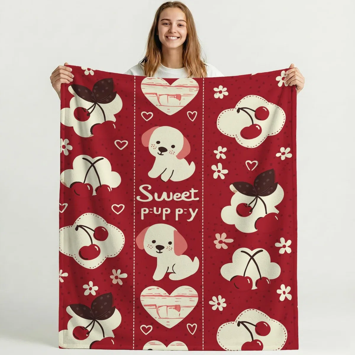 Generisch Koc z kreskówki 180 x 200 cm – bardzo gruby i miękki, czerwony, beżowy, uroczy, wiśniowy, puszysty koc do salonu, na sofę, do sypialni i łóżka