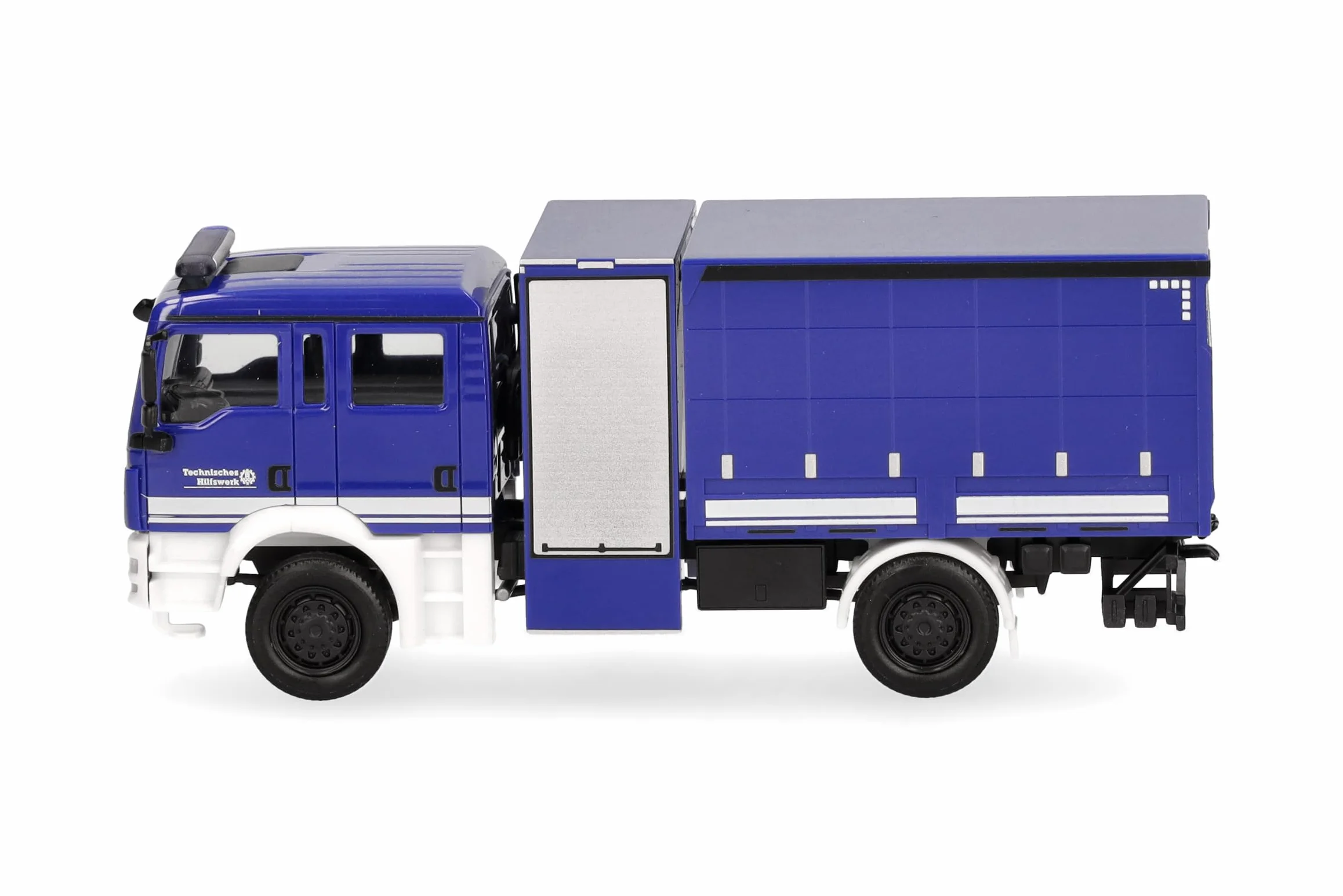 herpa Model ciężarówki MAN TGM pojazd wielofunkcyjny z plandeką THW, miniaturowa skala 1:87, produkt kolekcjonerski, wyprodukowany w Niemczech, tworzywo sztuczne