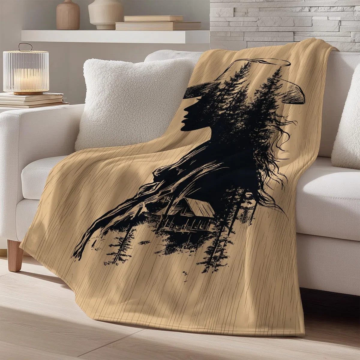Generisch Przytulny koc w stylu vintage, 180 x 200 cm, bardzo gruby i miękki, czarno-brązowy, sylwetka lasu, kowbojski, puszysty koc do salonu, na sofę, do sypialni i łóżka